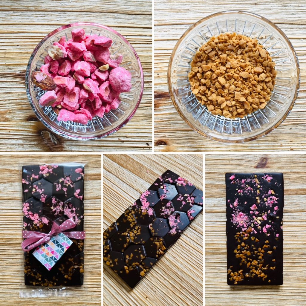 Tablette de chocolat noir médio - médio caramel / pralines roses